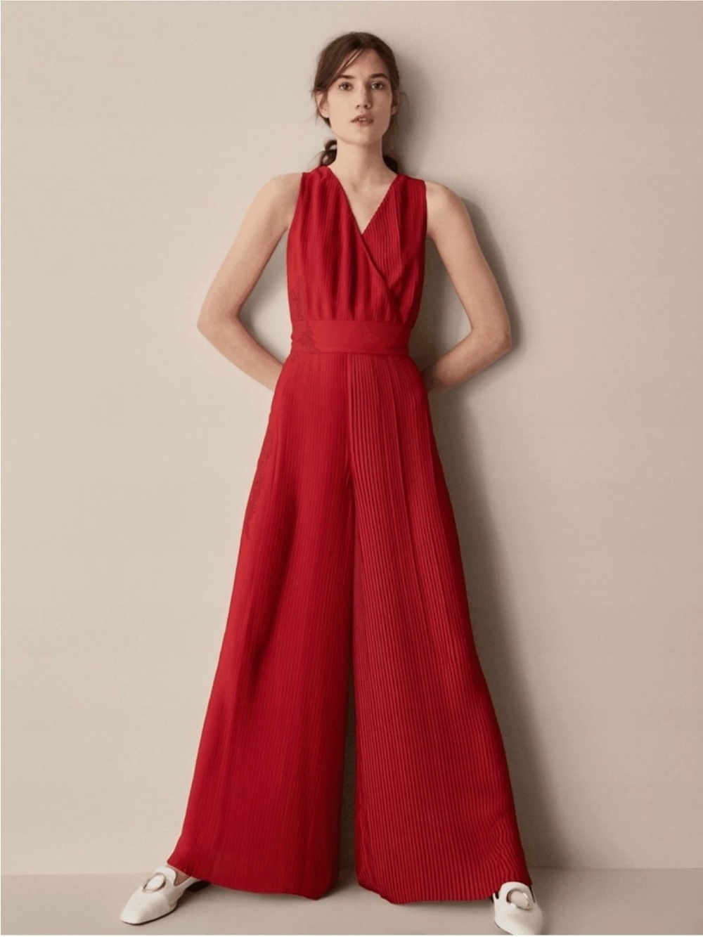 Massimo Dutti Red Pleated Jumpsuit